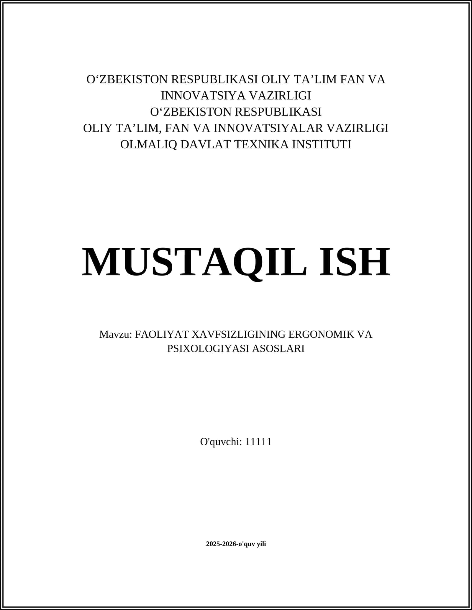 FAOLIYAT XAVFSIZLIGINING ERGONOMIK VA PSIXOLOGIYASI ASOSLARI 1