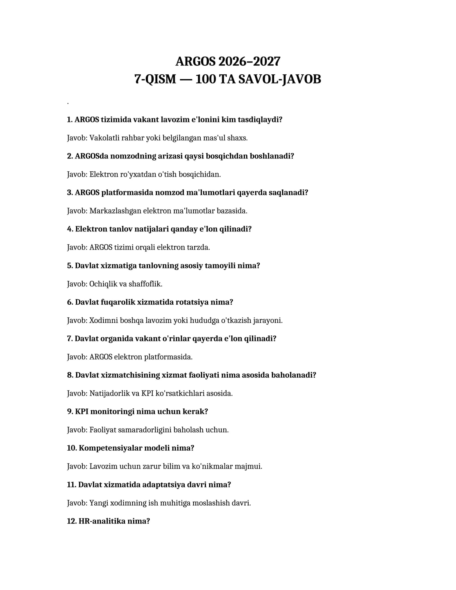 ARGOS 2026–2027 7-QISM — 100 TA SAVOL-JAVOB 1