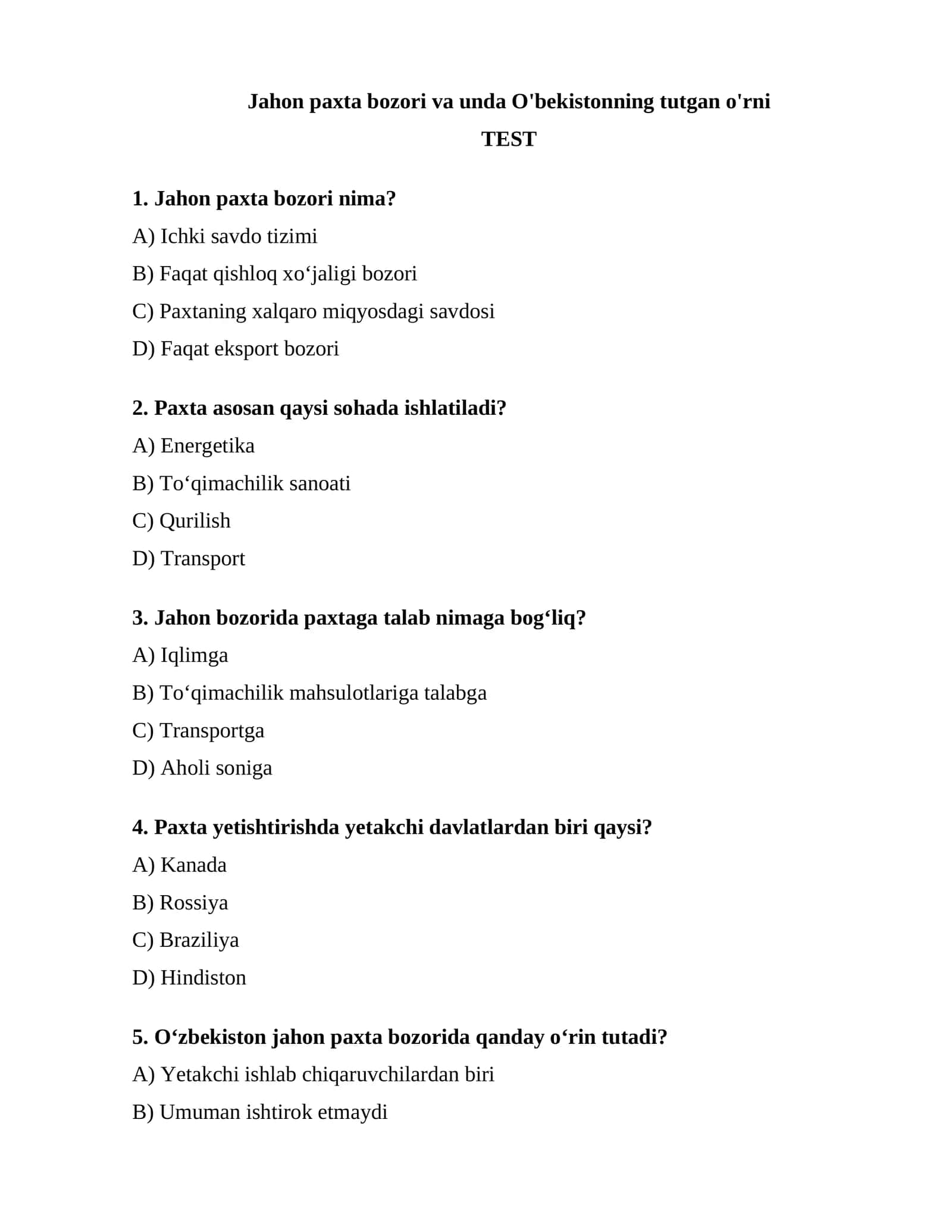 O'zbekiston jahon paxta bozori 1