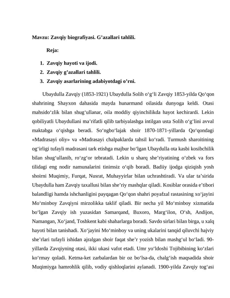 Zavqiy biografiyasi. G’azallari tahlili 1