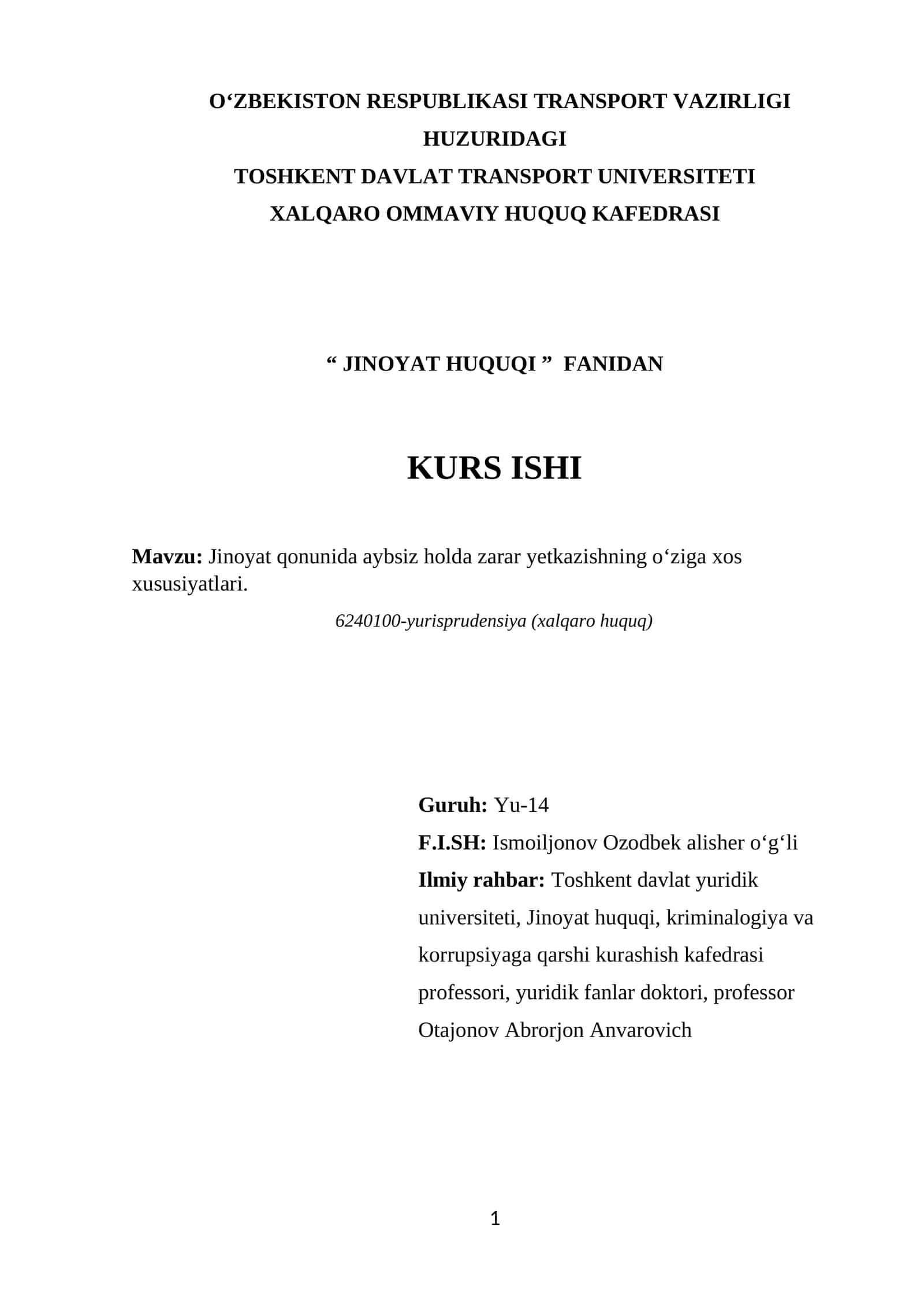 JINOYAT HUQUQI - KURS ISHI 1
