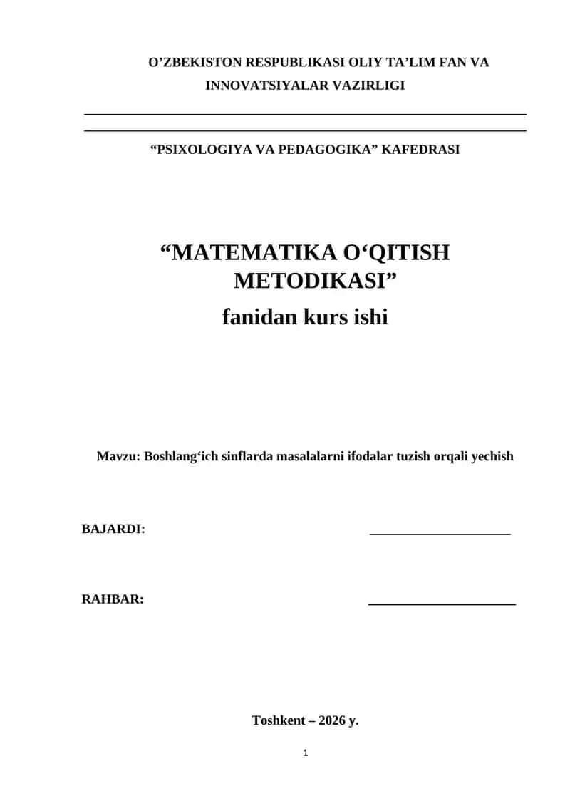 Boshlang‘ich sinflarda masalalarni ifodalar tuzish orqali yechish 1