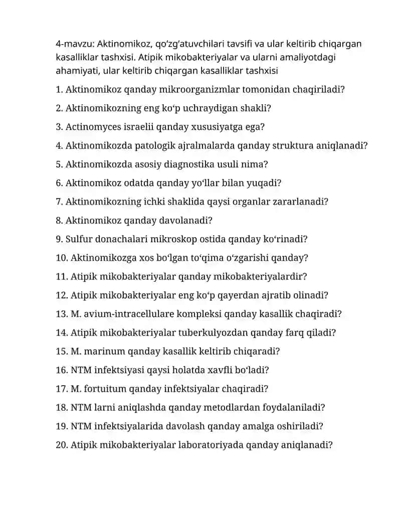 Aktinomikoz, qo‘zg‘atuvchilari tavsifi va ular keltirib chiqargan kasalliklar tashxisi.