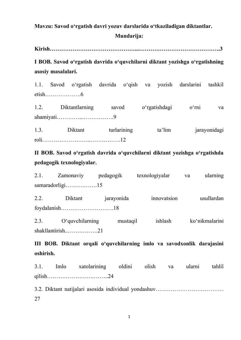 Savod o‘rgatish davri yozuv darslarida o‘tkaziladigan diktantlar 1