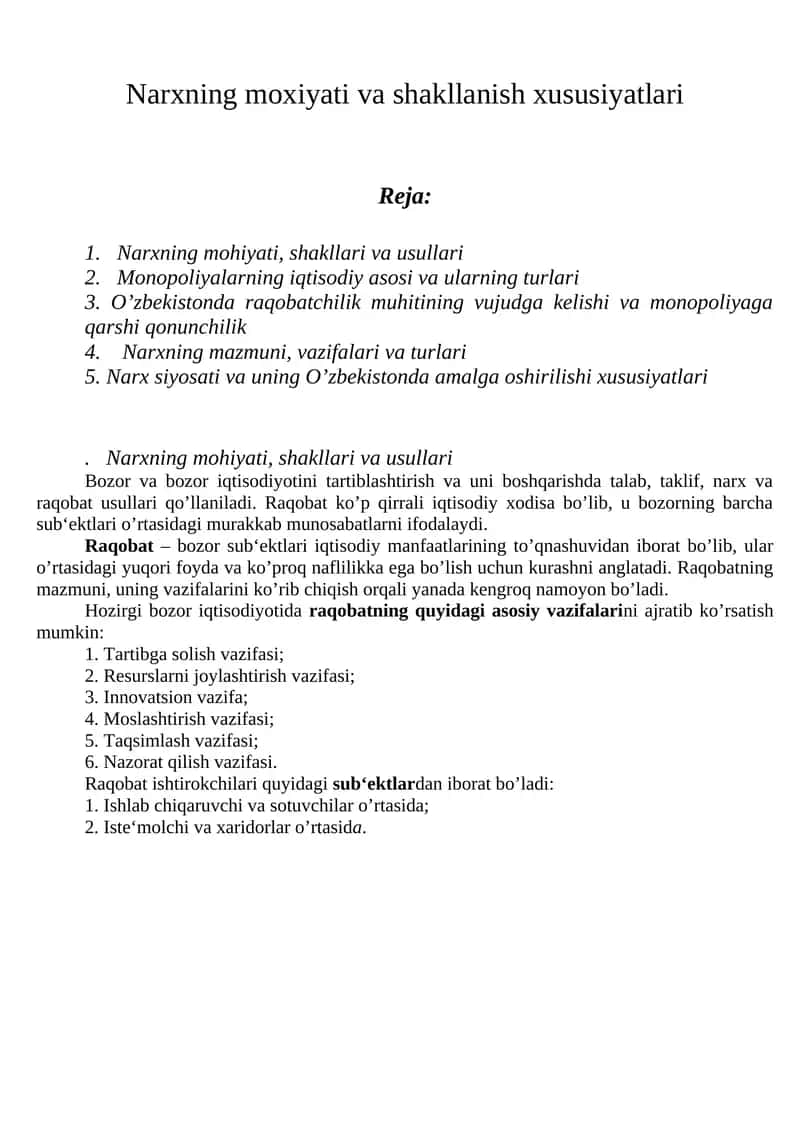 Narxning moxiyati va shakllanish xususiyatlari 1