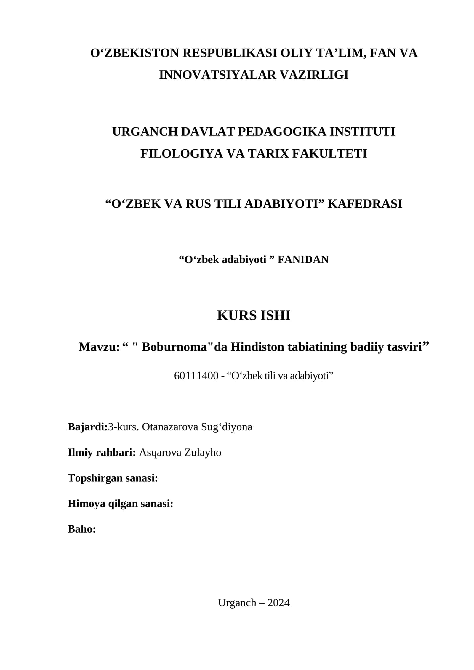 KURS ISHI: "Boburnoma"da Hindiston tabiatining badiiy tasviri 1