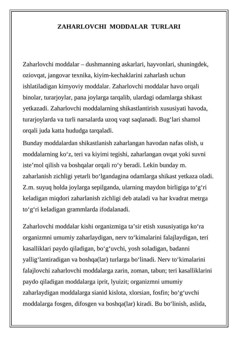 Zaharlovchi moddalar turlari 1