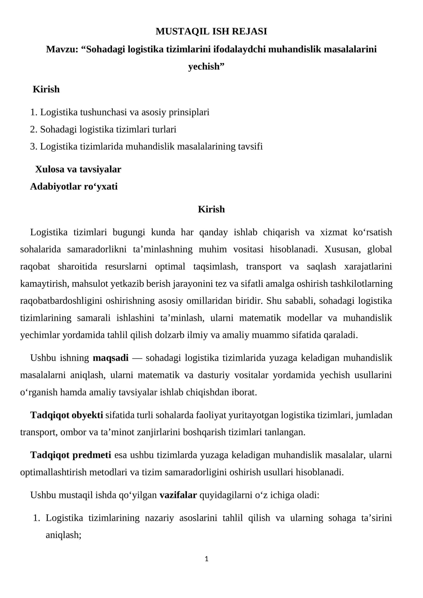 “Sohadagi logistika tizimlarini ifodalaydchi muhandislik masalalarini yechish” 1