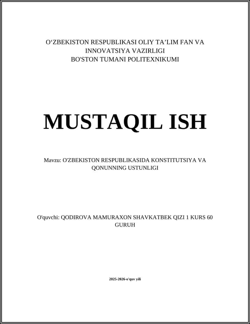 O'ZBEKISTON RESPUBLIKASIDA KONSTITUTSIYA VA QONUNNING USTUNLIGI 1