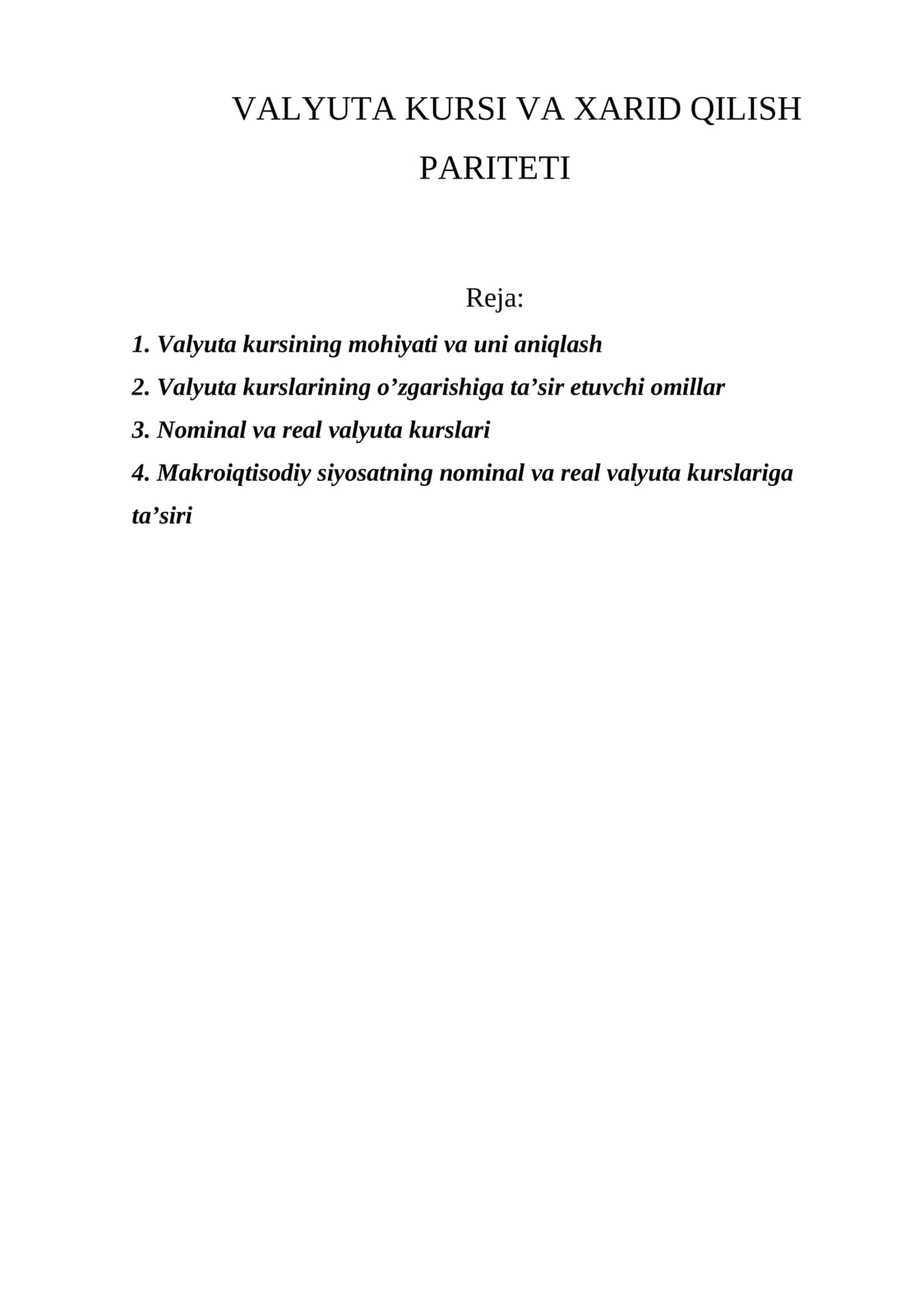 VALYUTA KURSI VA XARID QILISH PARITETI 1