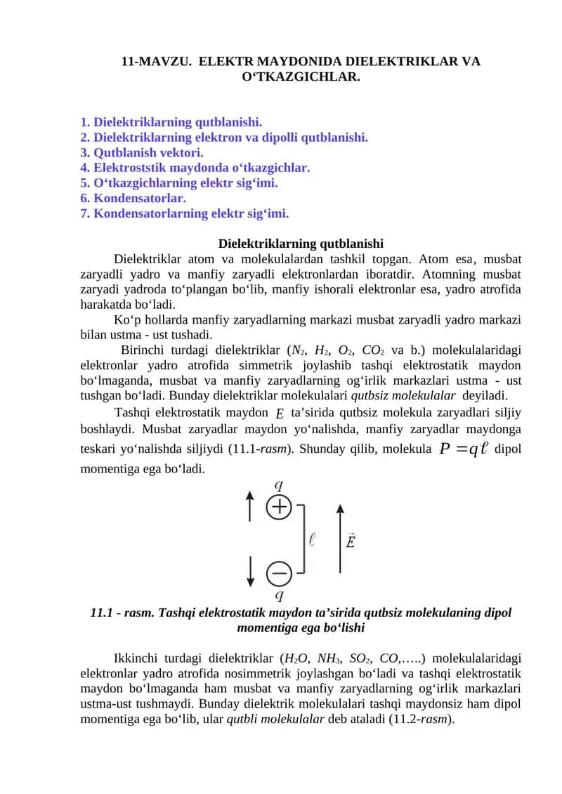Dielektriklar va o‘tkazgichlar 1