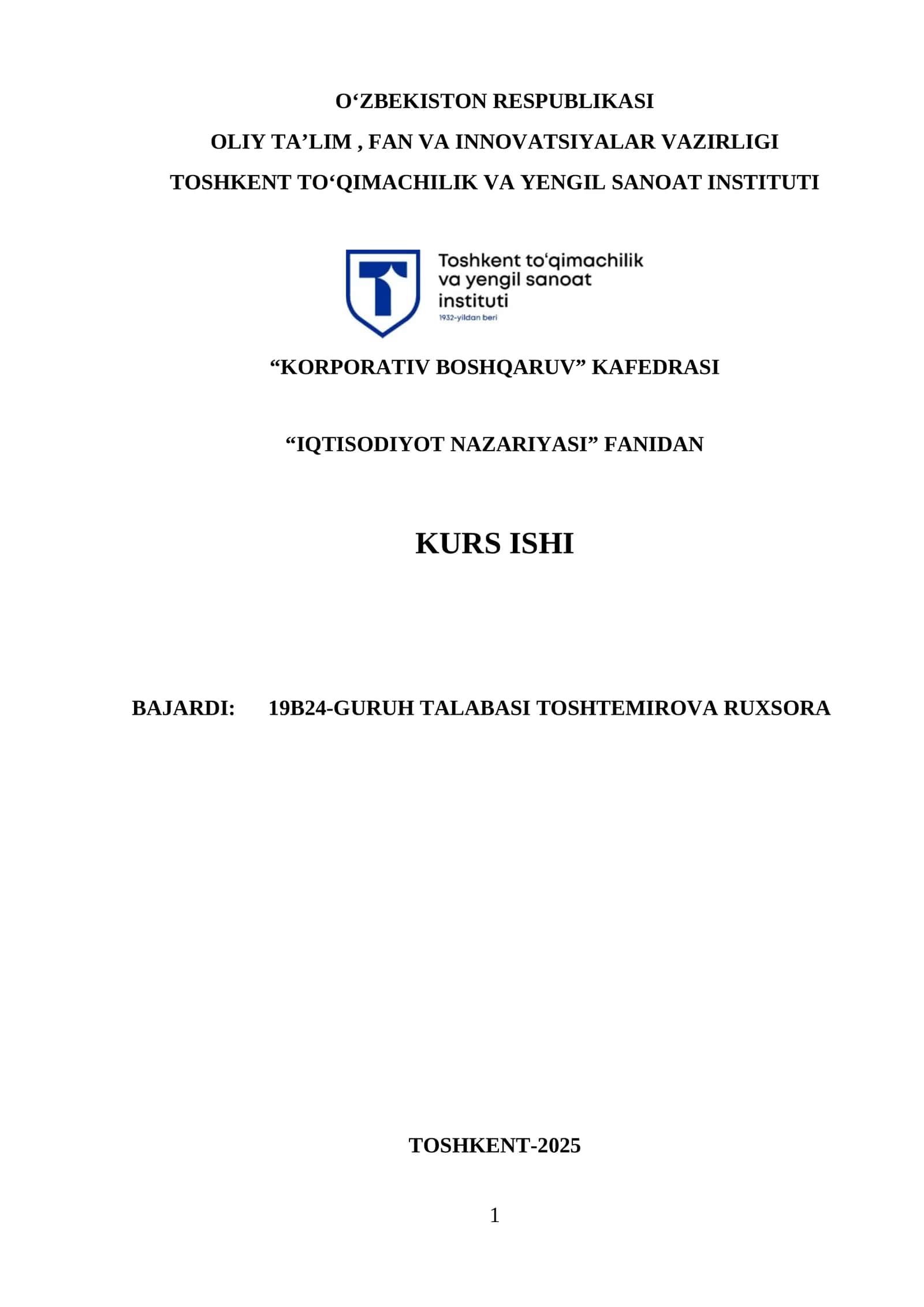 IQTISODIYOT NAZARIYASI FANIDAN KURS ISHI 1