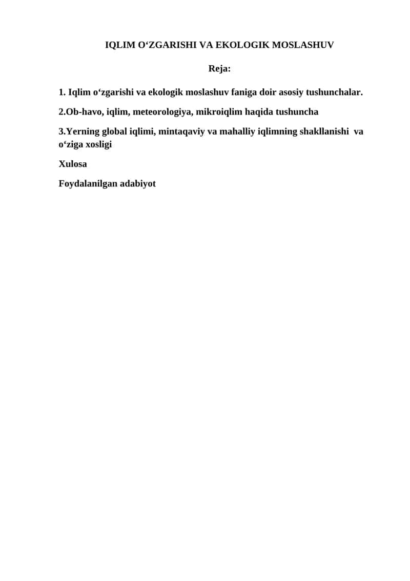 IQLIM O‘ZGARISHI VA EKOLOGIK MOSLASHUV 1