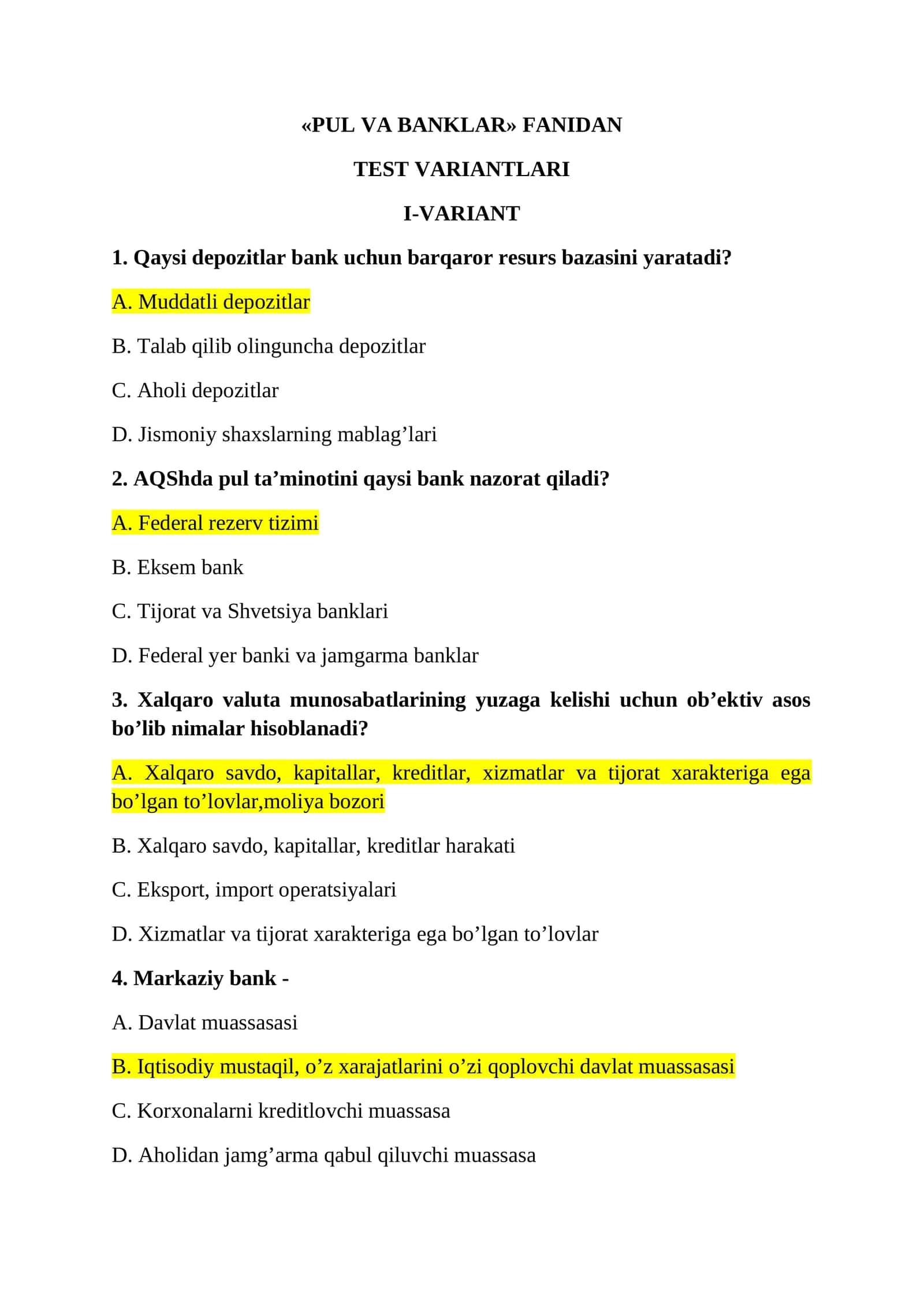 «PUL VA BANKLAR» FANIDAN TEST VARIANTLARI 1