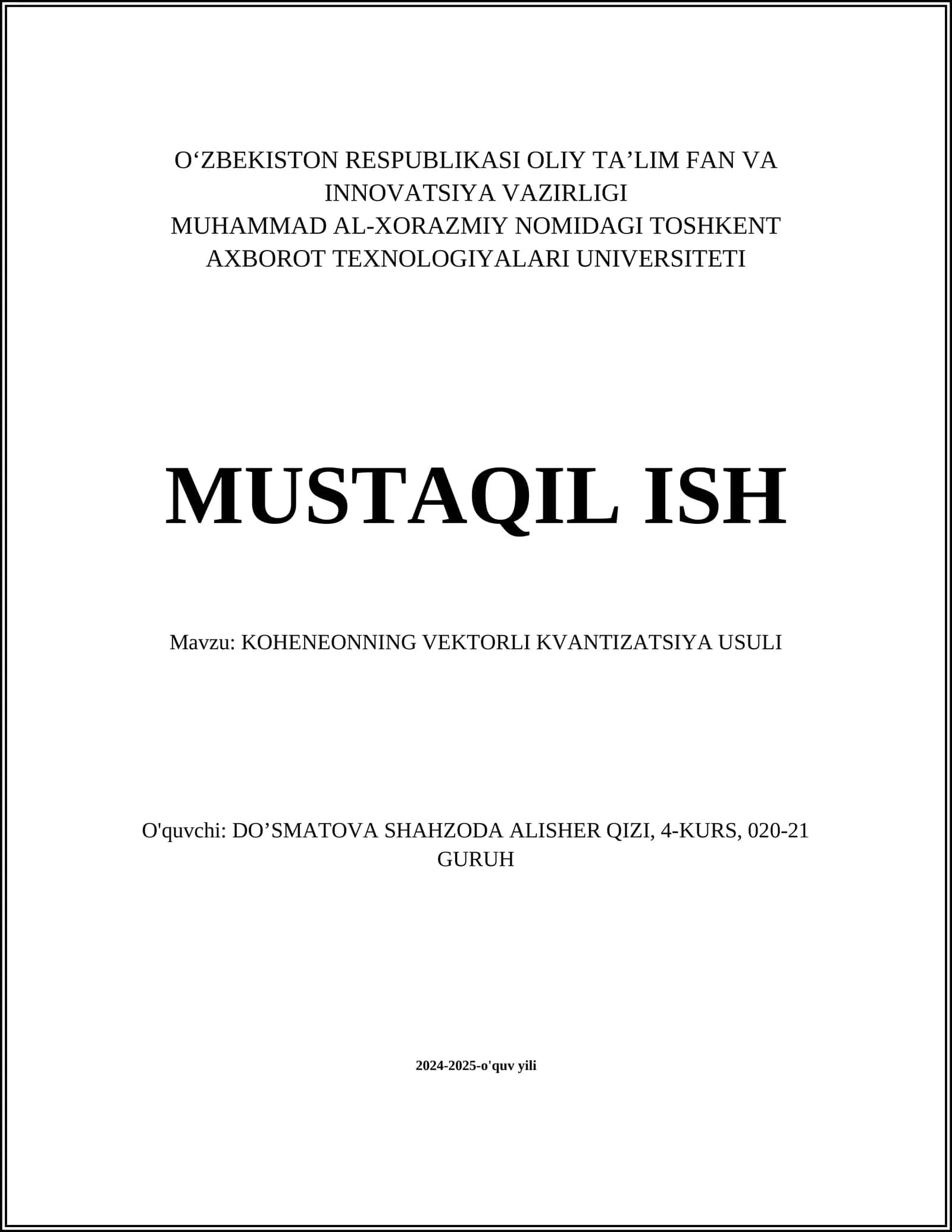 KOHENEONNING VEKTORLI KVANTIZATSIYA USULI 1