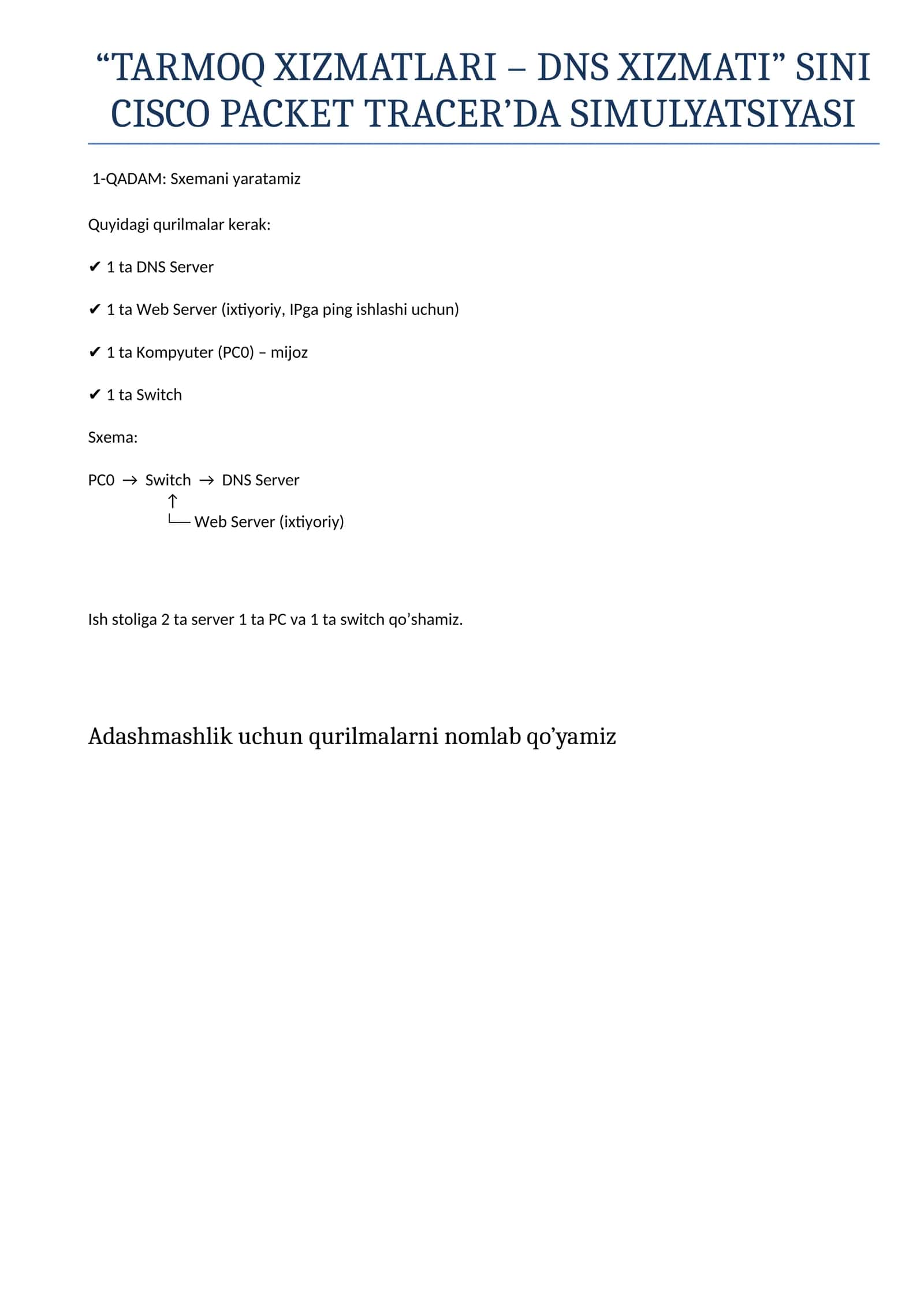 TARMOQ XIZMATLARI – DNS XIZMATI SINI CISCO PACKET TRACER’DA SIMULYATSIYASI 1