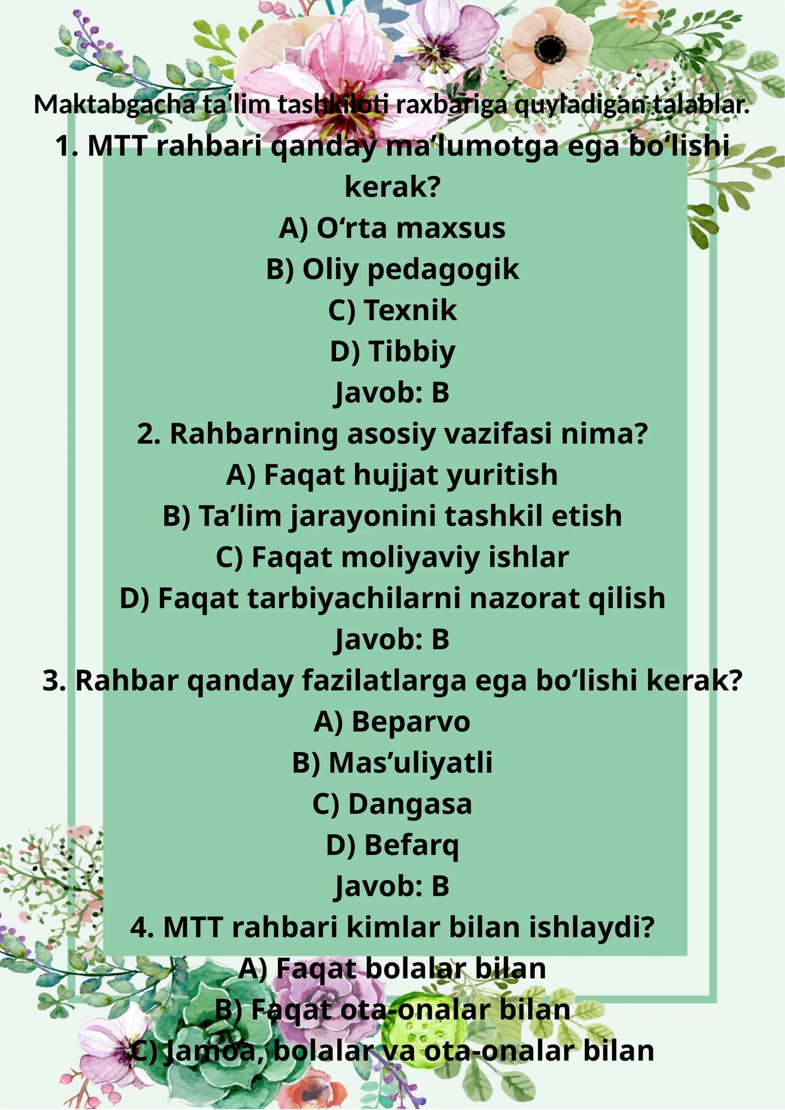 Maktabgacha ta'lim tashkiloti raxbariga quyladigan talablar 1