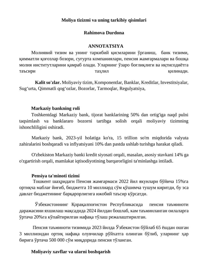 Moliya tizizmi va uning tarkibiy qisimlari 1