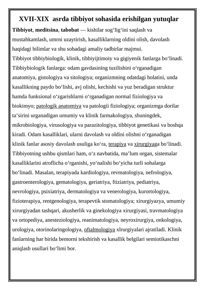 XVII-XIX asrda tibbiyot sohasida erishilgan yutuqlar 1