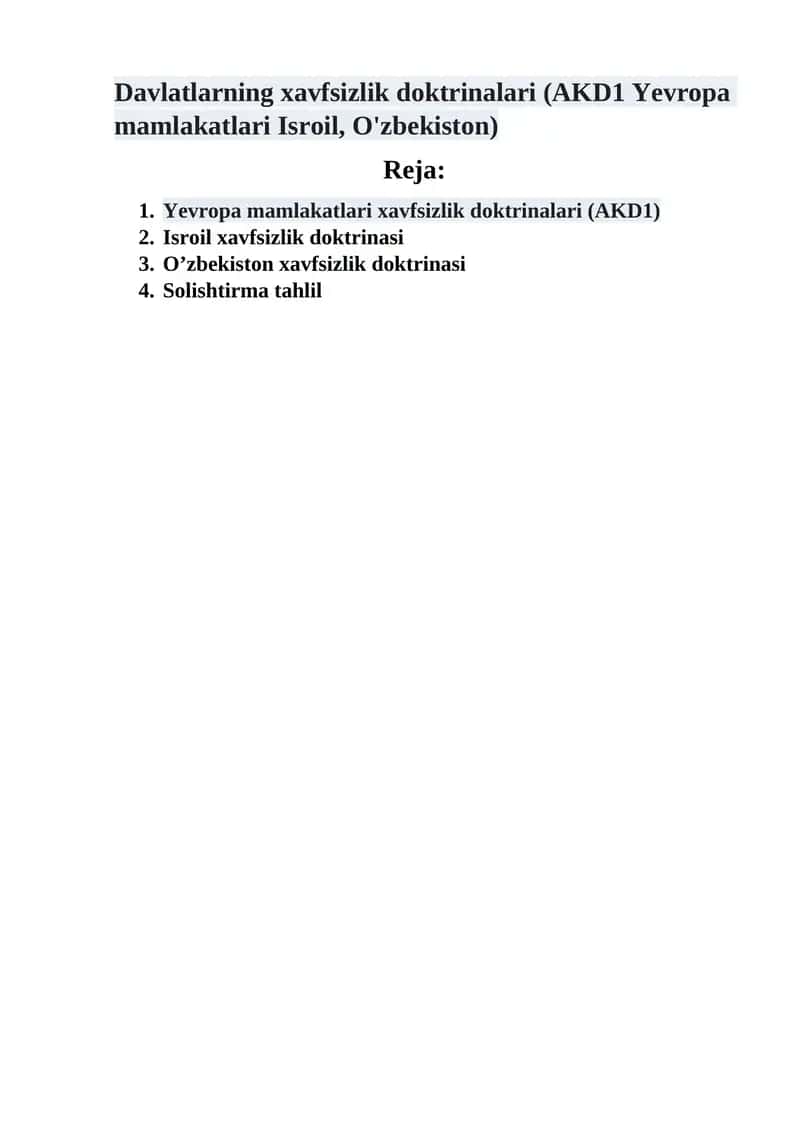 Davlatlarning xavfsizlik doktrinalari (AKD1 Yevropa mamlakatlari Isroil, O'zbekiston) 1