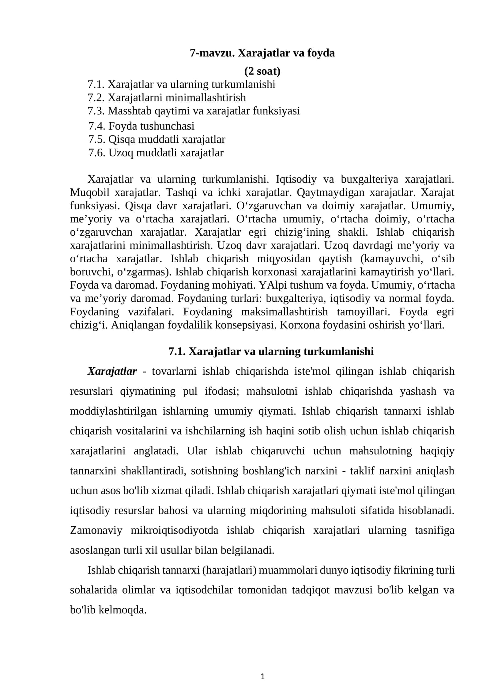 Xarajatlar va foyda 1
