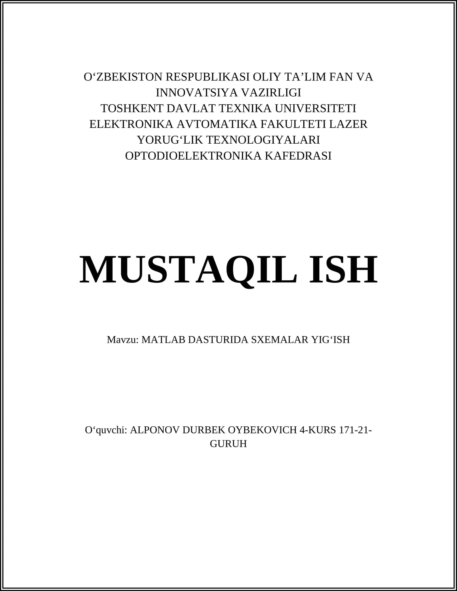 MATLAB DASTURIDA SXEMALAR YIGʻISH 1