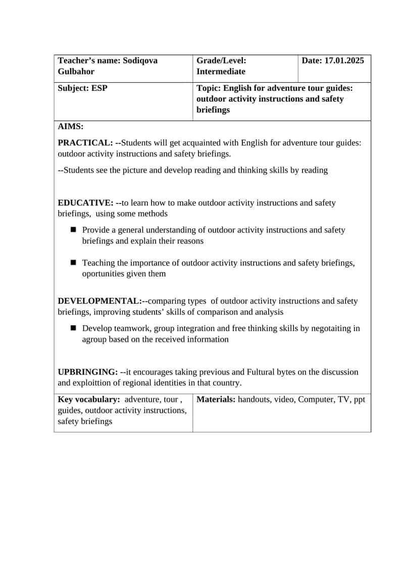 English for adventure tour guides 1