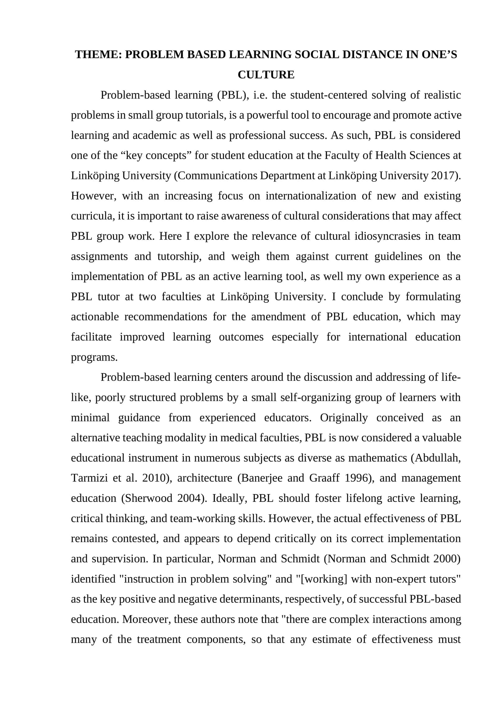 PROBLEM BASED LEARNING SOCIAL DISTANCE IN ONE’S CULTURE 1