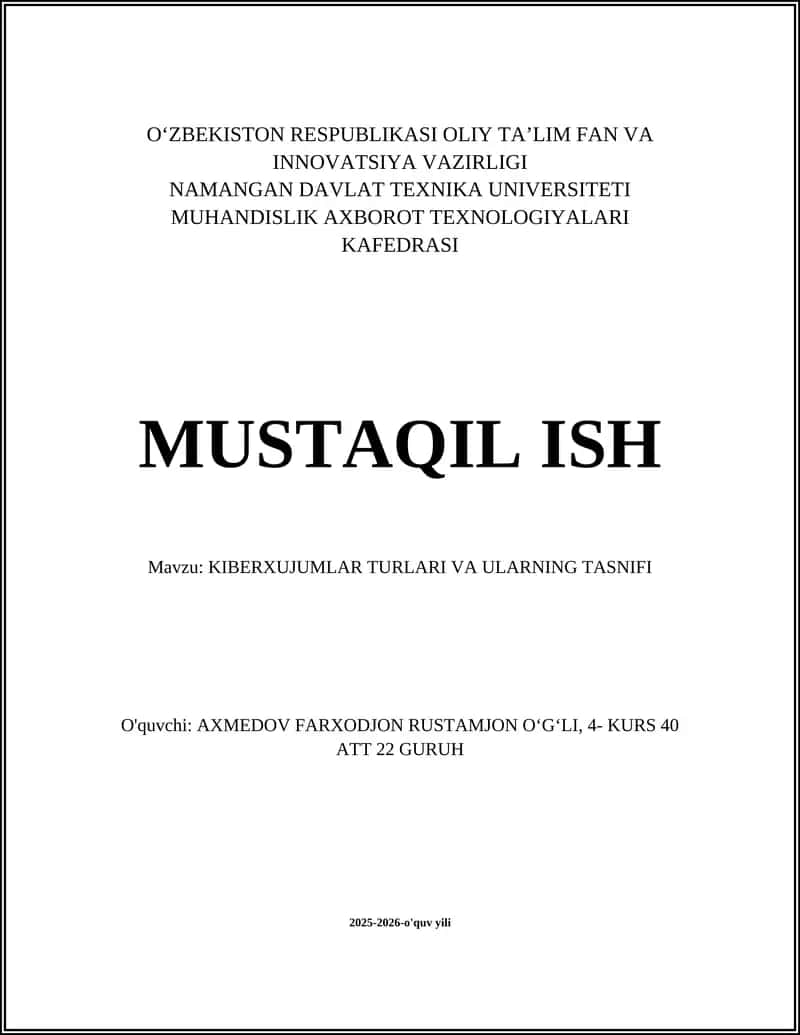 KIBERXUJUMLAR TURLARI VA ULARNING TASNIFI 1