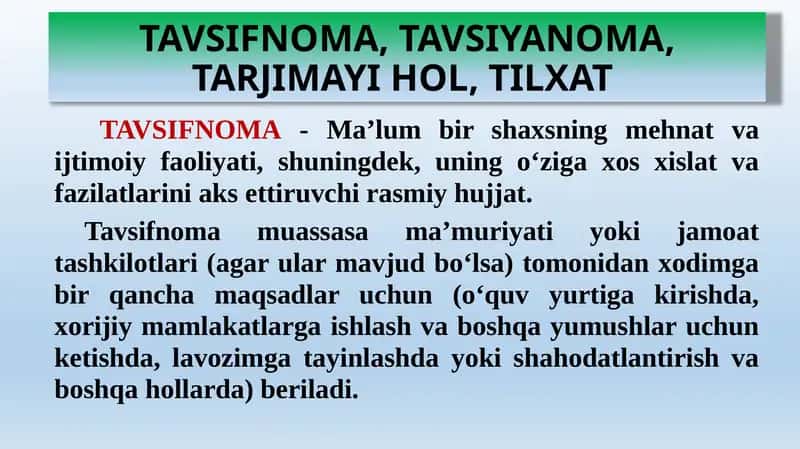 TAVSIFNOMA, TAVSIYANOMA, TARJIMAYI HOL, TILXAT 1