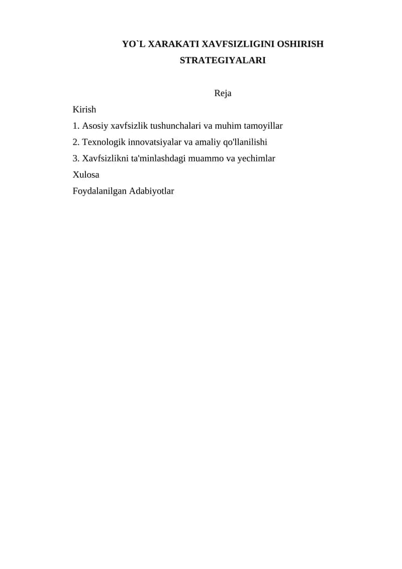 Yo`l xarakati xavfsizligini oshirish strategiyalari 1