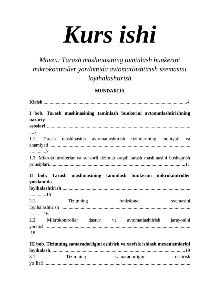 Tarash mashinasining taminlash bunkerini mikrokontroller yordamida avtomatlashtirish sxemasini loyihalashtirish 1