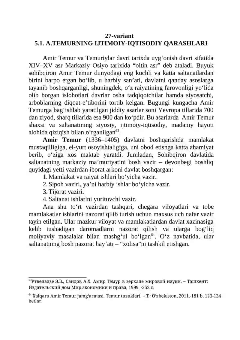 A.TEMURNING IJTIMOIY-IQTISODIY QARASHLARI