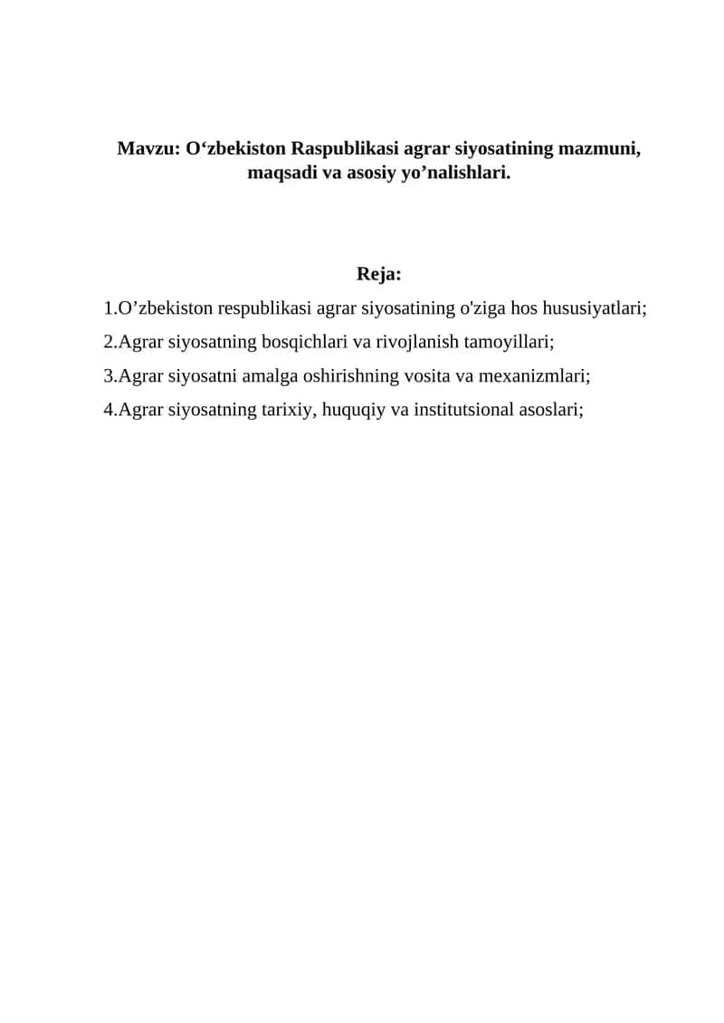 O‘zbekiston Raspublikasi Agrar Siyosati 1