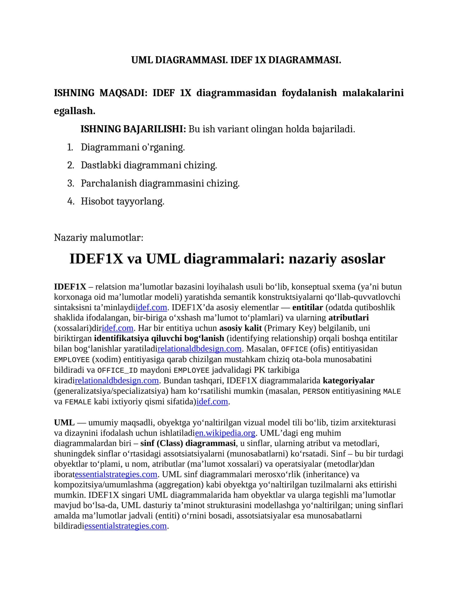 UML DIAGRAMMASI. IDEF 1X DIAGRAMMASI 1