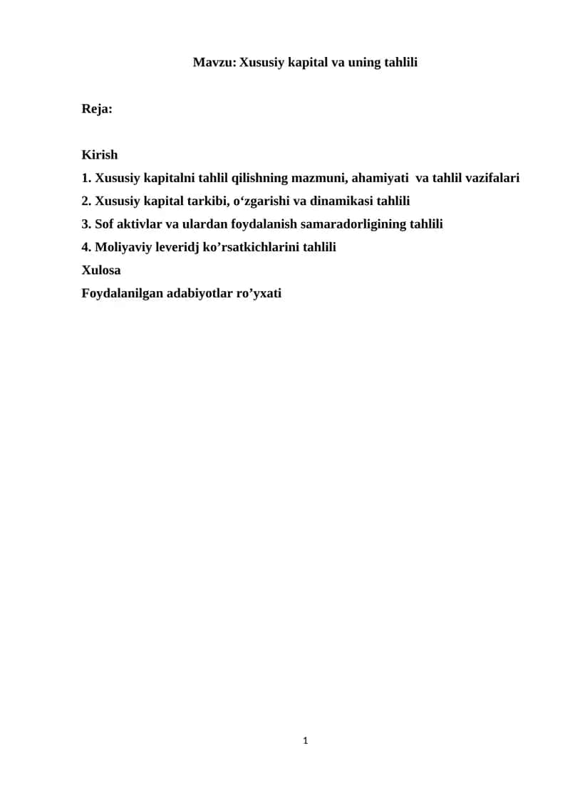 Xususiy kapital va uning tahlili 1