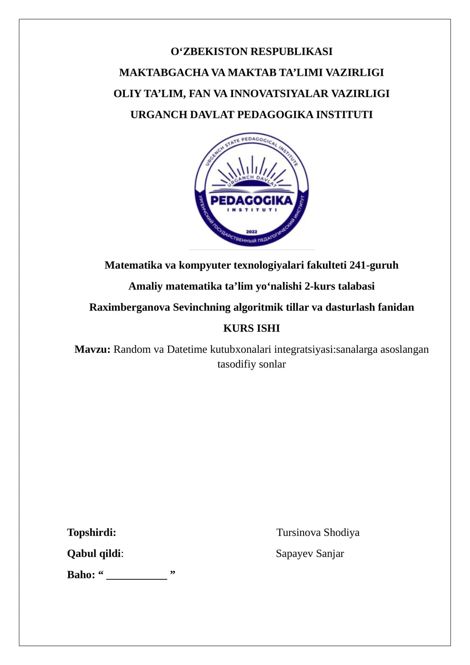 Random va Datetime kutubxonalari integratsiyasi:sanalarga asoslangan tasodifiy sonlar 1