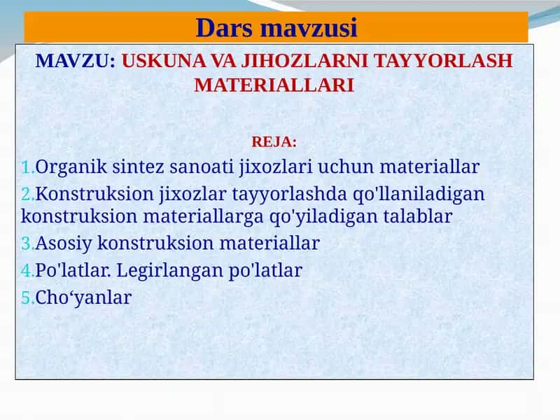 USKUNA VA JIHOZLARNI TAYYORLASH MATERIALLARI 1