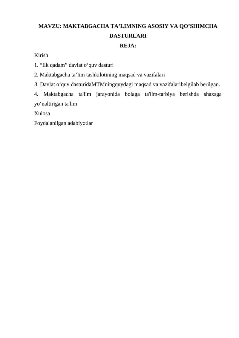 MAKTABGACHA TA’LIMNING ASOSIY VA QO’SHIMCHA DASTURLARI 1