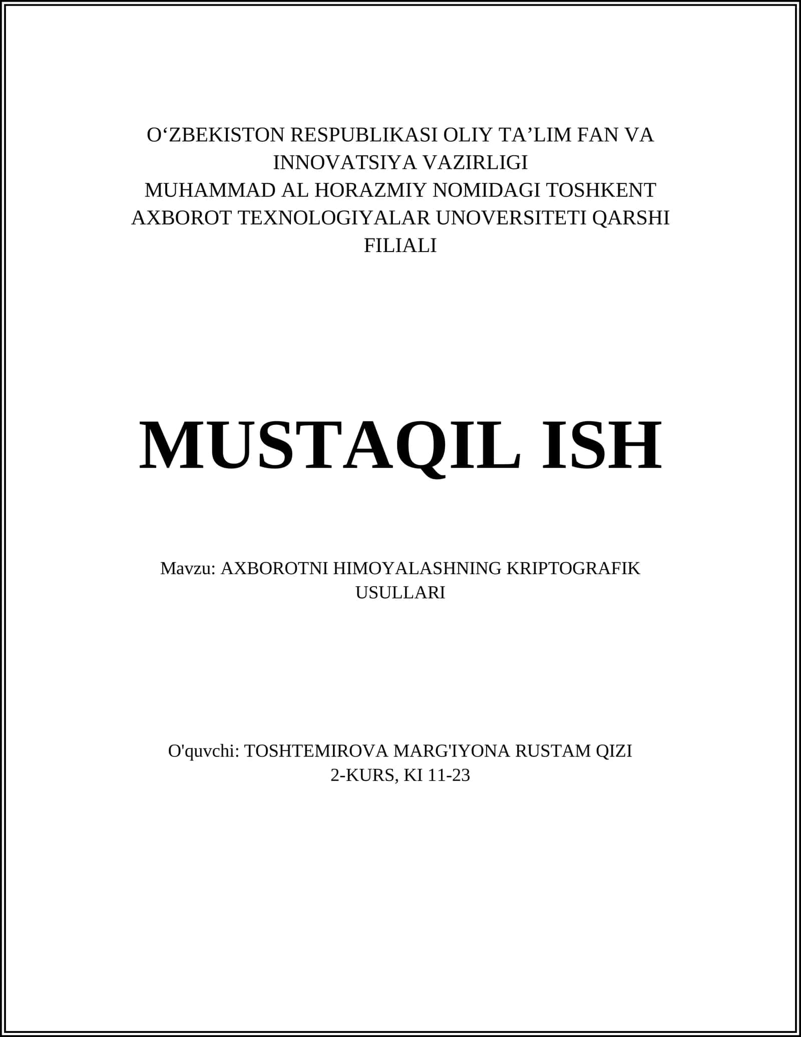 Axborotni himoyalashning kriptografik usullari 1