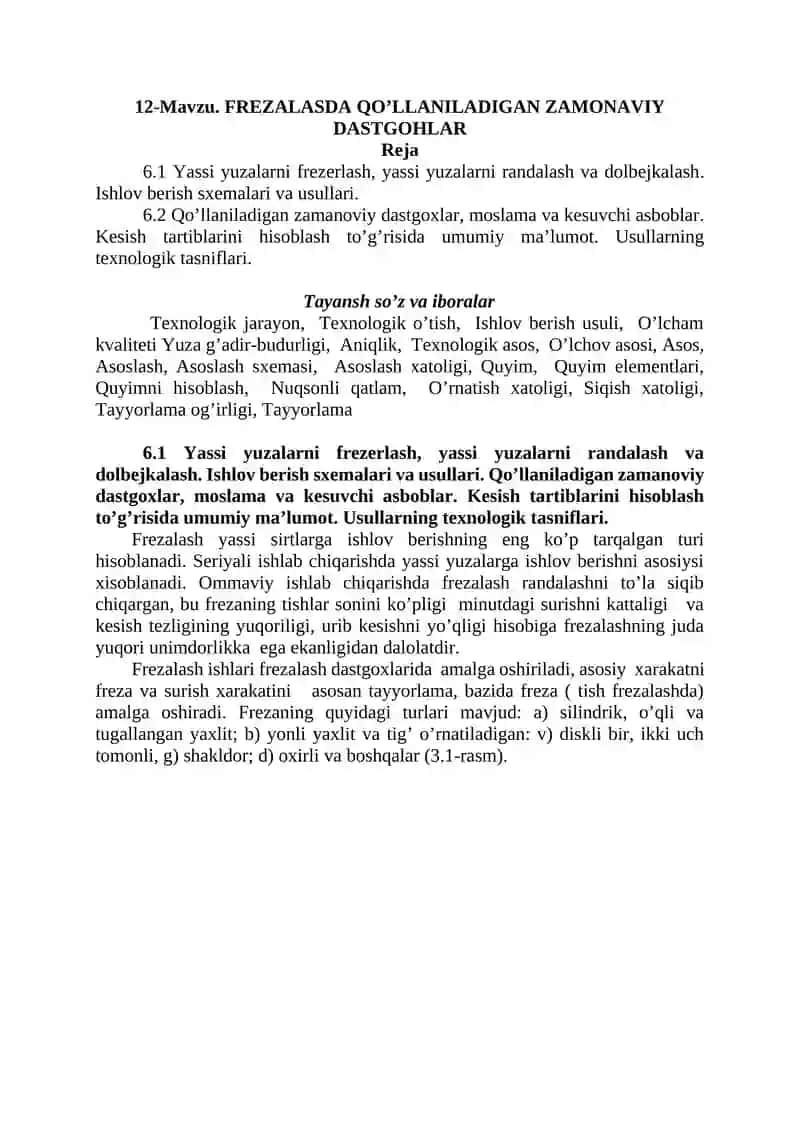 FREZALASDA QO’LLANILADIGAN ZAMONAVIY DASTGOHLAR
