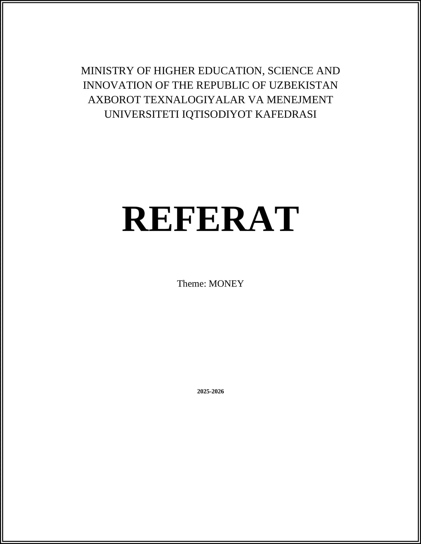 REFERAT Theme: MONEY 2025-2026 1