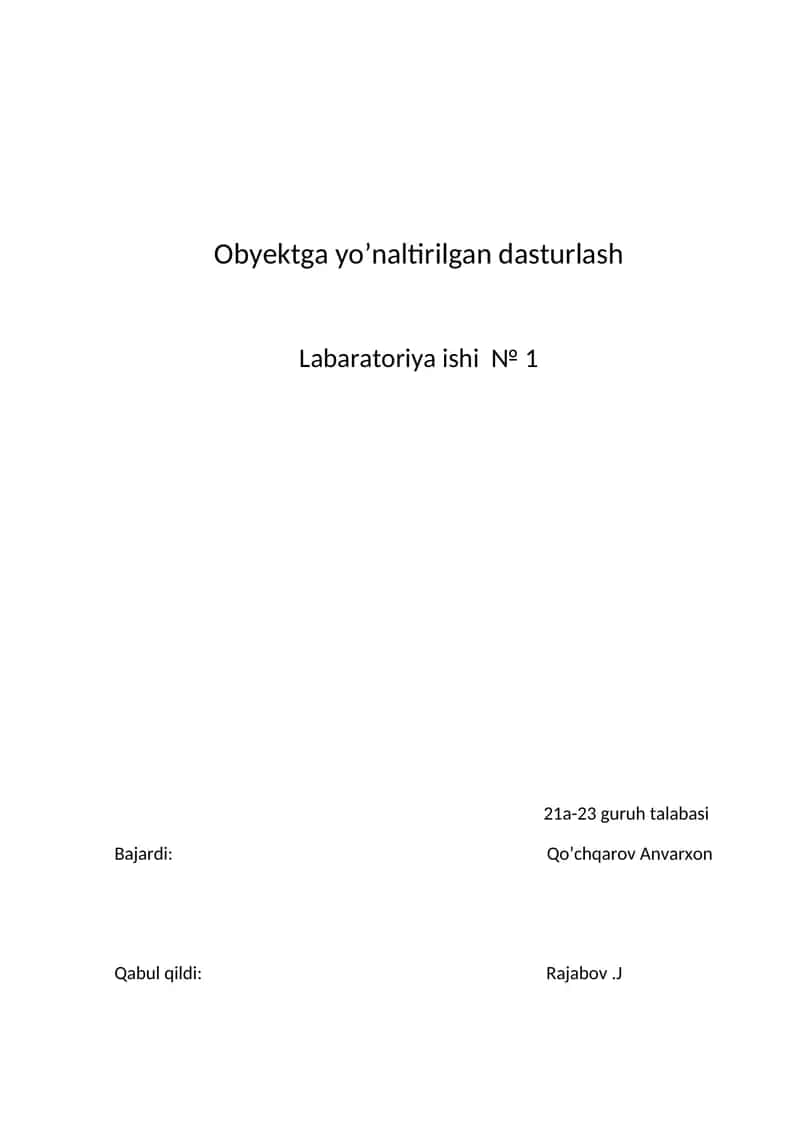 Obyektga yo’naltirilgan dasturlash 1