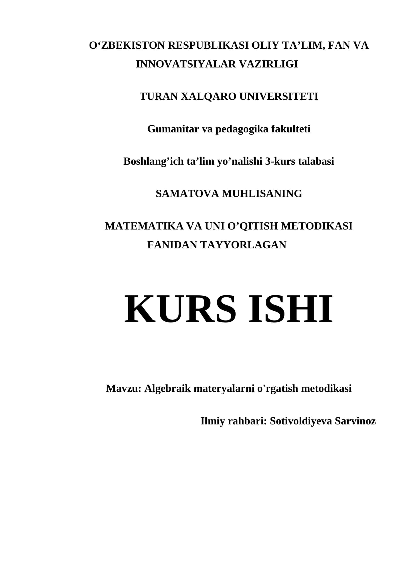 ALGEBRAIK MATERYALARNI O'RGATISH METODIKASI 1