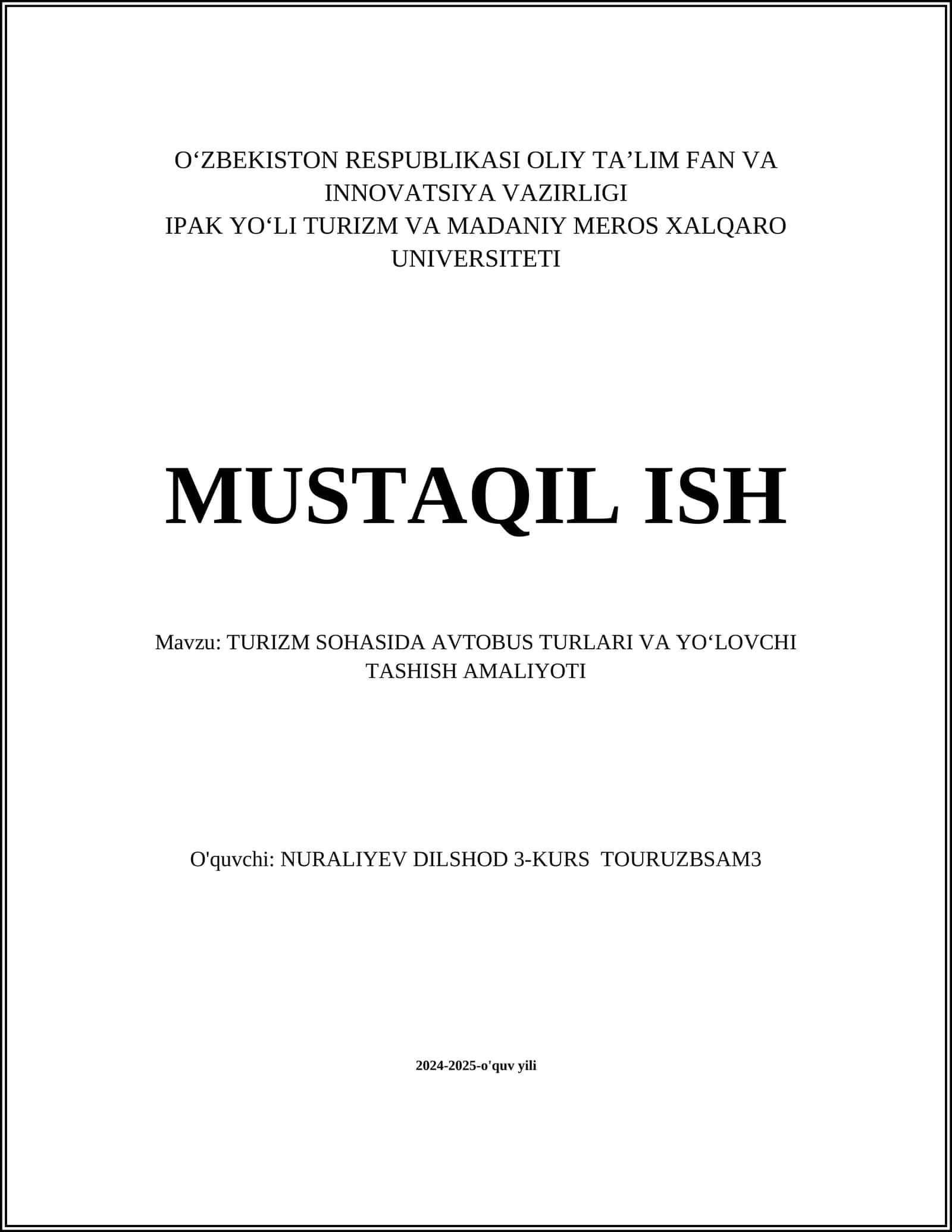 TURIZM SOHASIDA AVTOBUS TURLARI VA YO‘LOVCHI TASHISH AMALIYOTI 1
