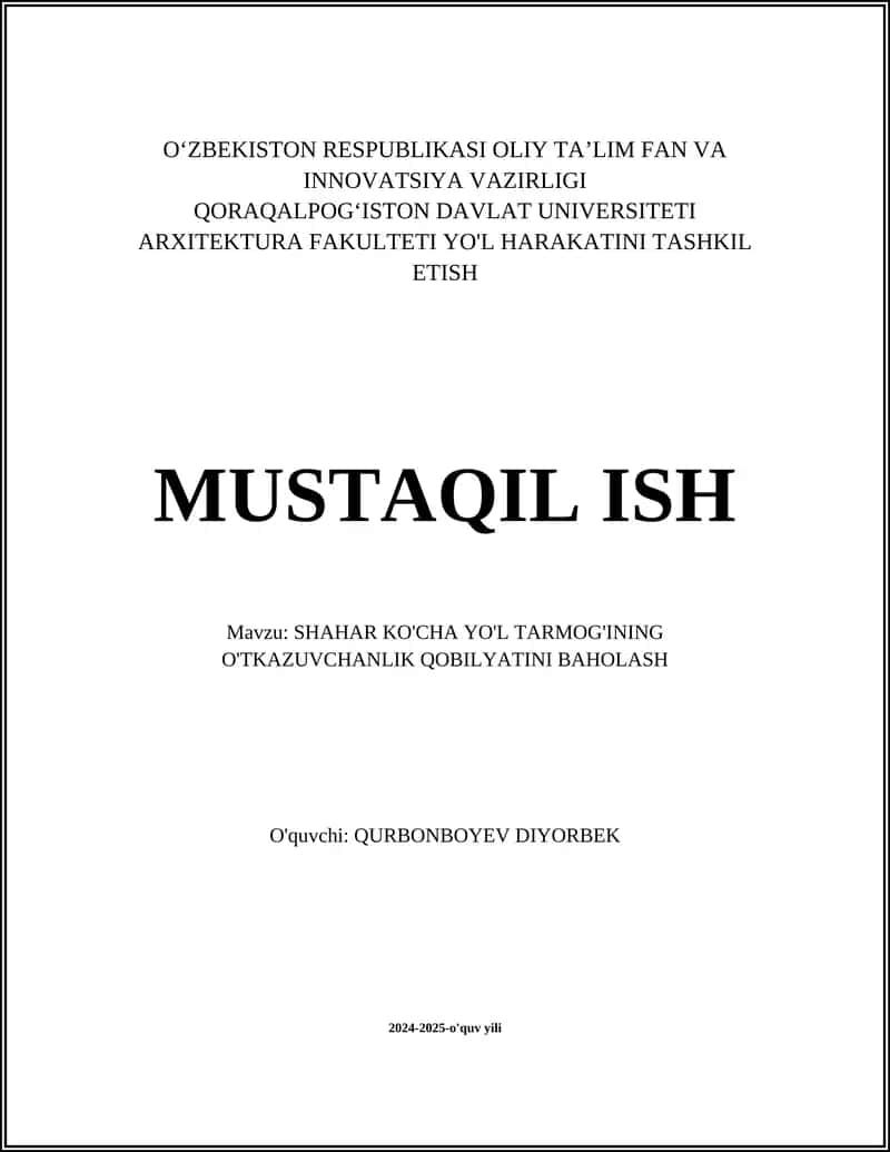 Transport tarmog'ining baholash usullari 1