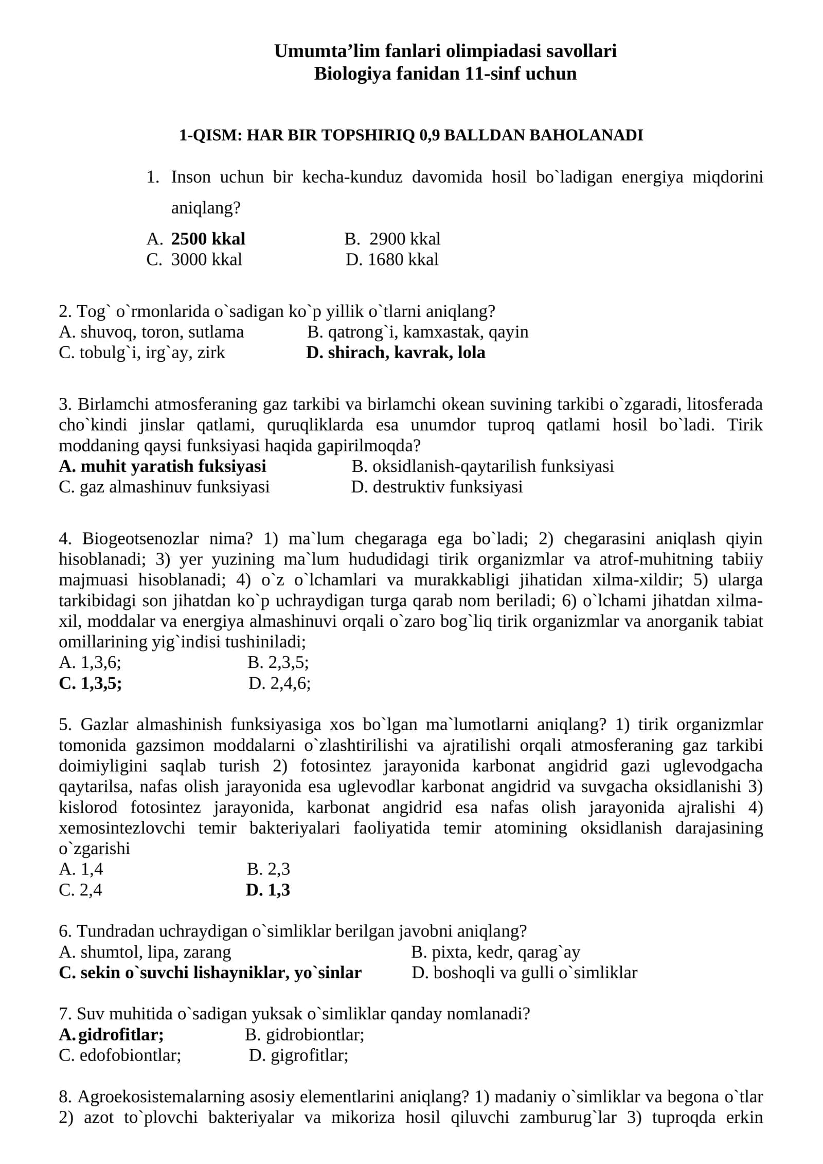 Umumta’lim fanlari olimpiadasi savollari 1