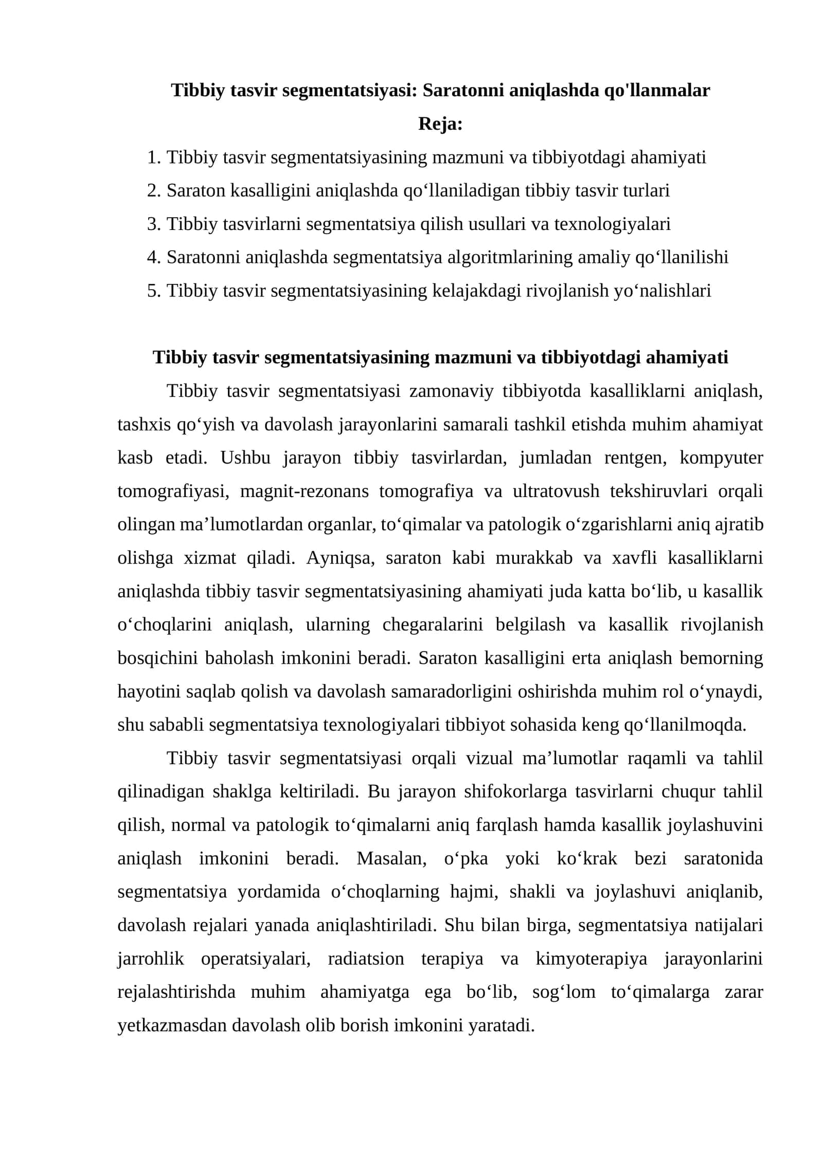 Tibbiy tasvir segmentatsiyasi: Saratonni aniqlashda qo'llanmalar 1