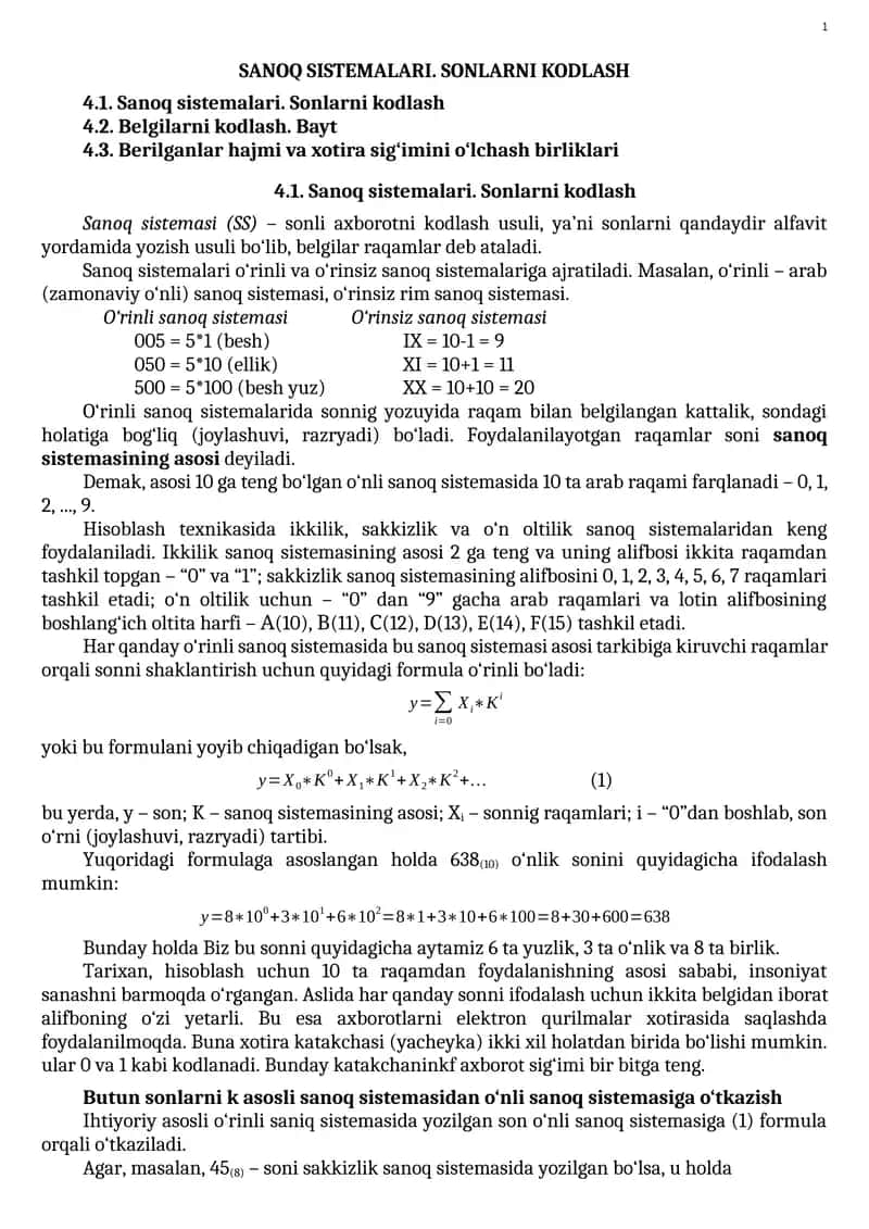 Sanoq sistemalari. Sonlarni kodlash 1