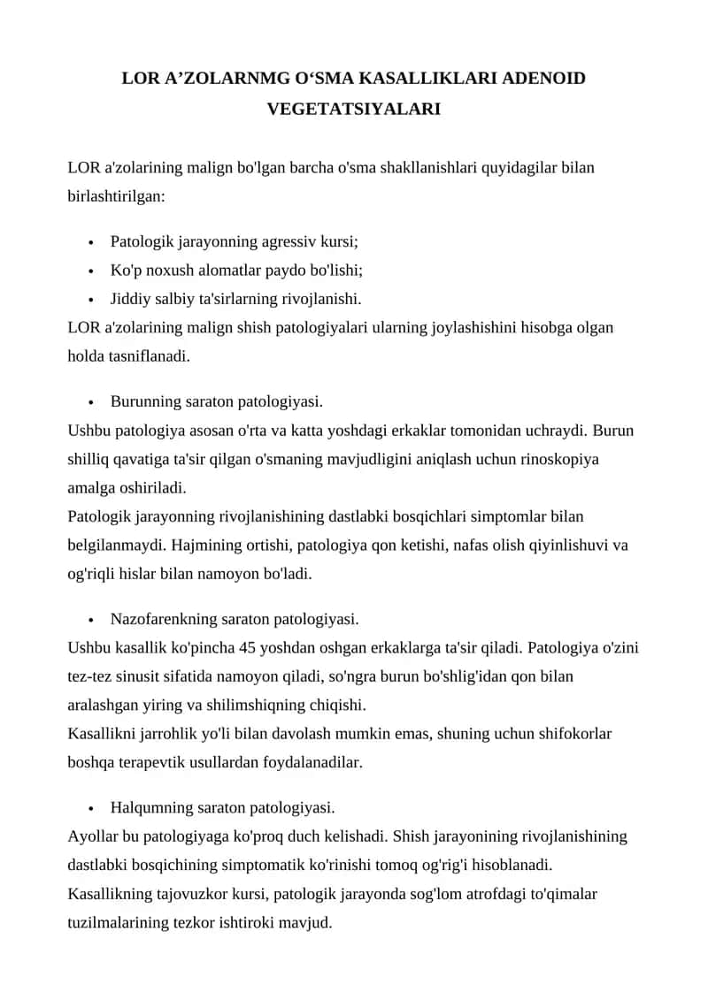 LOR A’ZOLARNMG O‘SMA KASALLIKLARI ADENOID VEGETATSIYALARI 1